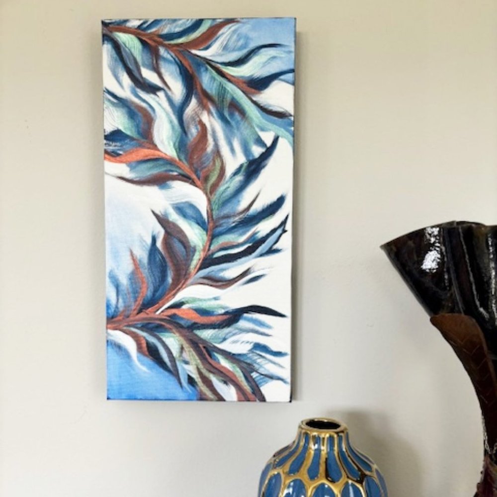 Blue Fronds Dancing, Canvas Wall Art, Blue, Copper, Horizontal or Vertical Hang